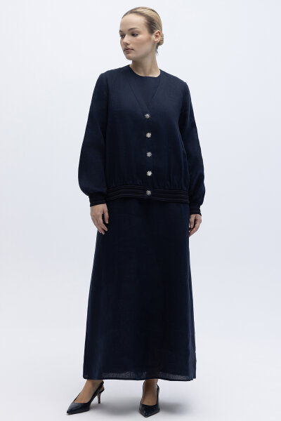 Güneş Düğmeli Elbise Ceket Keten Takım Lacivert - 5