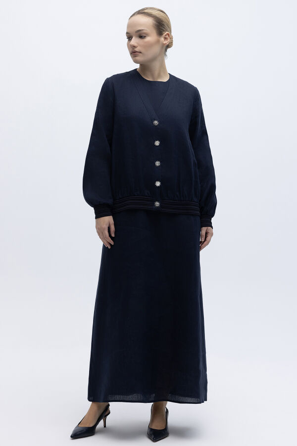 Güneş Düğmeli Elbise Ceket Keten Takım Lacivert - 5