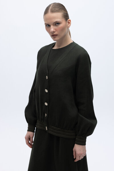 Güneş Düğmeli Elbise Ceket Keten Takım Haki - 2