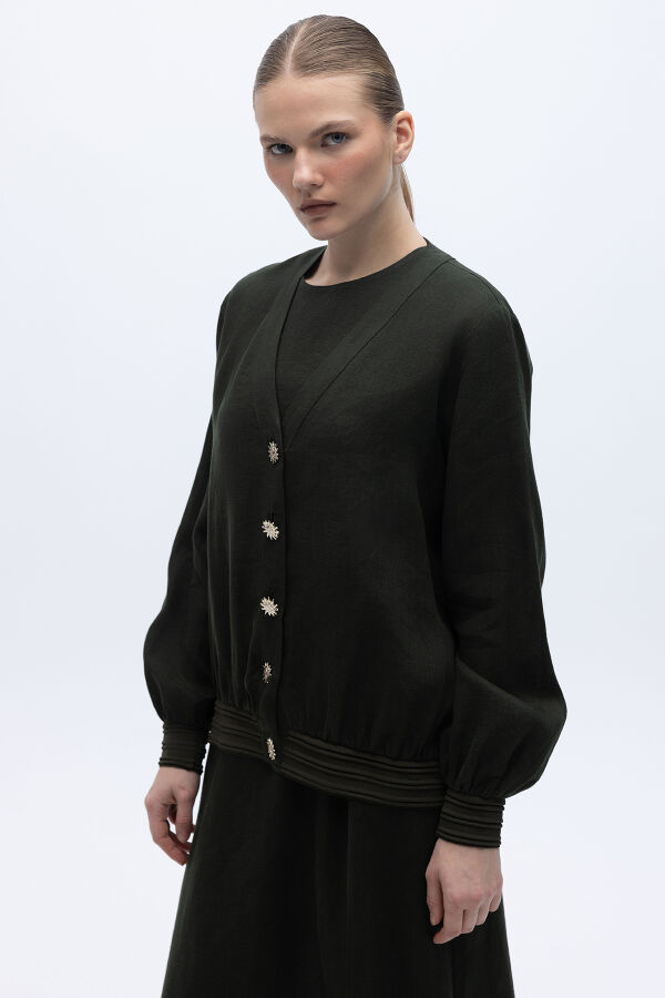 Güneş Düğmeli Elbise Ceket Keten Takım Haki - 2