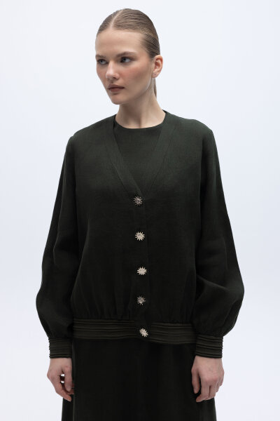 Güneş Düğmeli Elbise Ceket Keten Takım Haki - 3