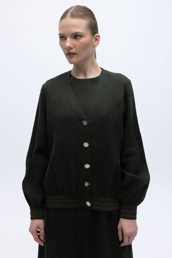 Güneş Düğmeli Elbise Ceket Keten Takım Haki - 3