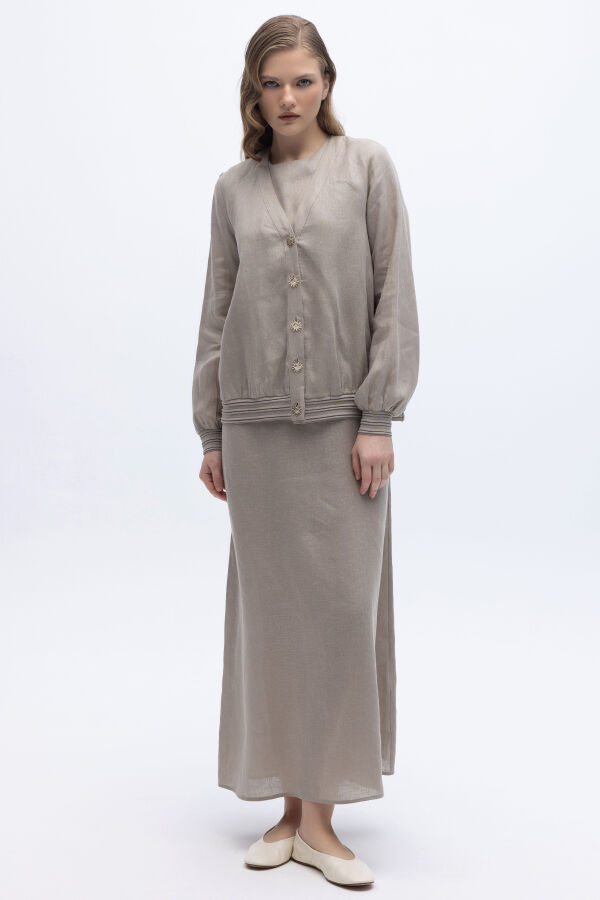 Güneş Düğmeli Elbise Ceket Keten Takım Stone - 2
