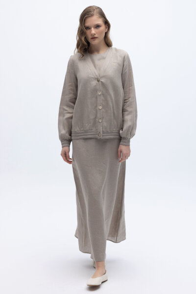 Güneş Düğmeli Elbise Ceket Keten Takım Stone - 3
