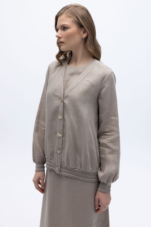 Güneş Düğmeli Elbise Ceket Keten Takım Stone - 1