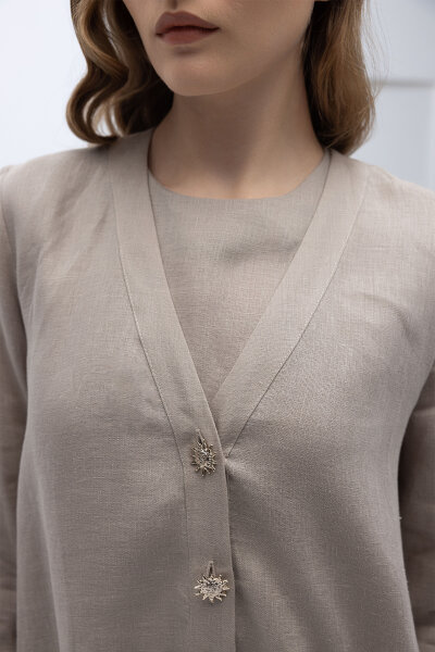 Güneş Düğmeli Elbise Ceket Keten Takım Stone - 4