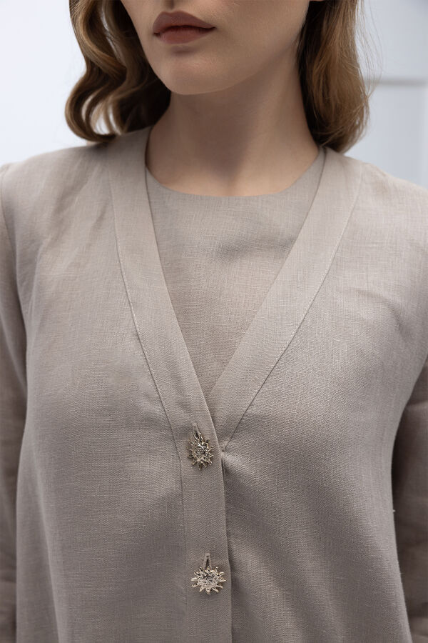 Güneş Düğmeli Elbise Ceket Keten Takım Stone - 4