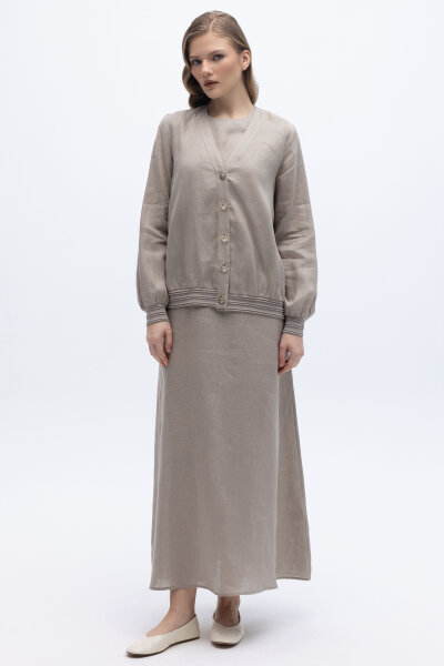 Güneş Düğmeli Elbise Ceket Keten Takım Stone - 6