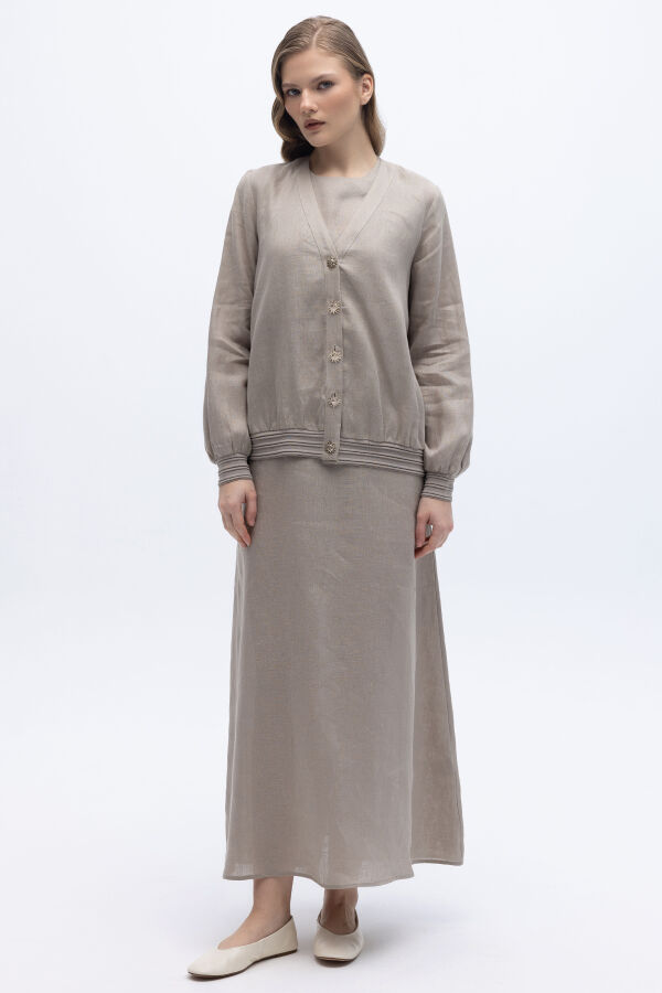 Güneş Düğmeli Elbise Ceket Keten Takım Stone - 6