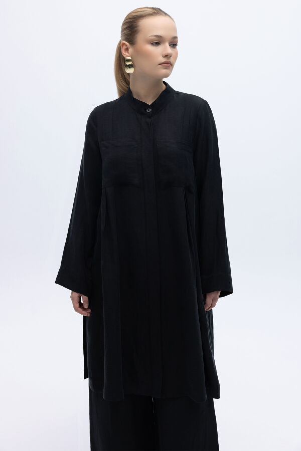 Hakim Yaka İpek Keten Gömlek Siyah - 1