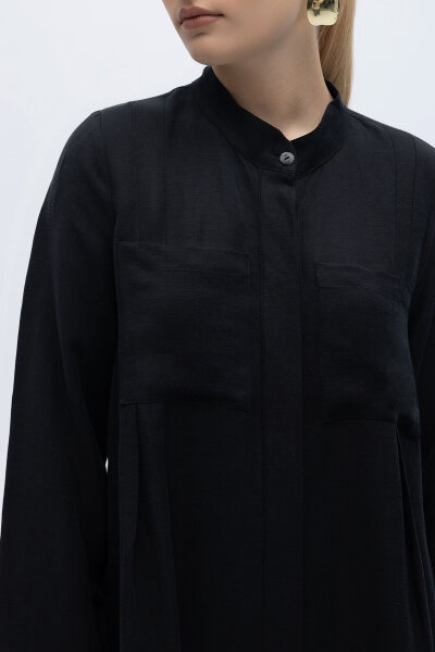 Hakim Yaka İpek Keten Gömlek Siyah - MISS DALIDA (1)