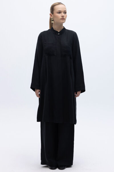 Hakim Yaka İpek Keten Gömlek Siyah - 4