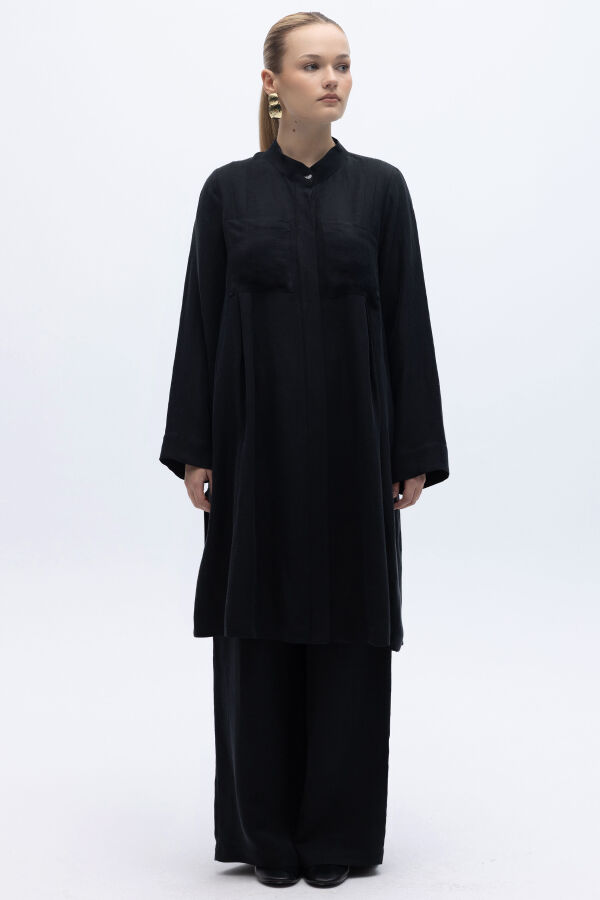 Hakim Yaka İpek Keten Gömlek Siyah - 4