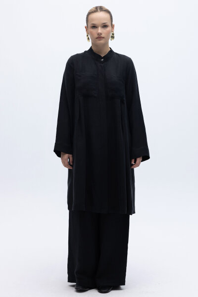 Hakim Yaka İpek Keten Gömlek Siyah - 5