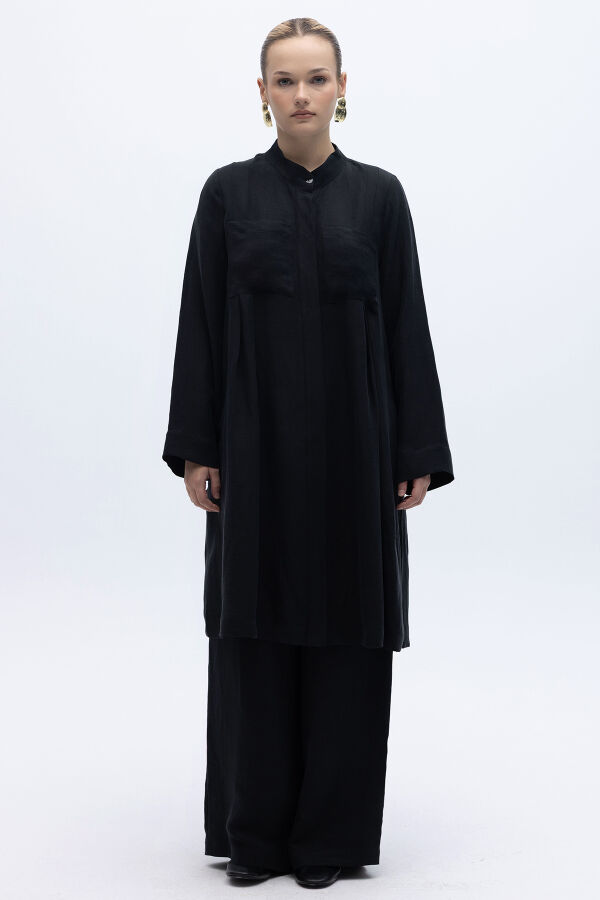 Hakim Yaka İpek Keten Gömlek Siyah - 5