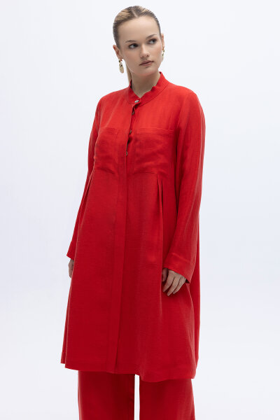 Hakim Yaka İpek Keten Gömlek Kırmızı - 1