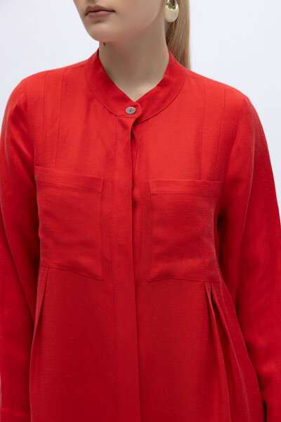 Hakim Yaka İpek Keten Gömlek Kırmızı - 2