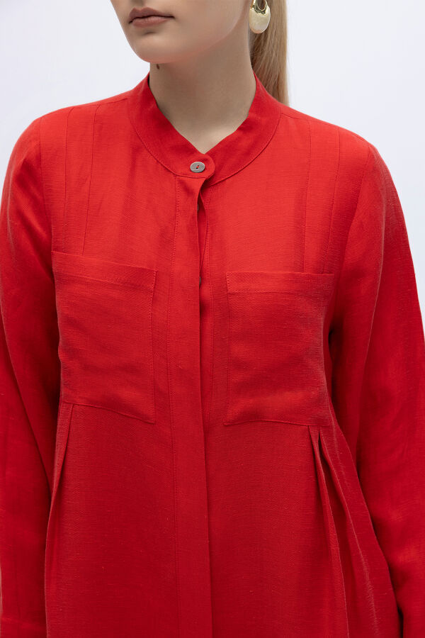Hakim Yaka İpek Keten Gömlek Kırmızı - 2