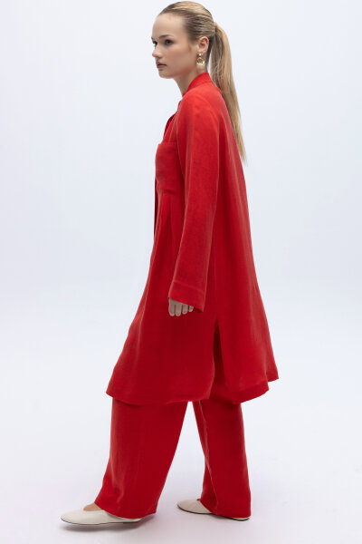 Hakim Yaka İpek Keten Gömlek Kırmızı - 3