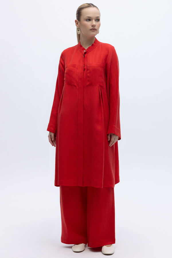 Hakim Yaka İpek Keten Gömlek Kırmızı - 5