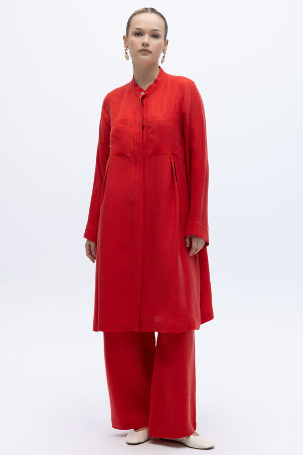 Hakim Yaka İpek Keten Gömlek Kırmızı - 6
