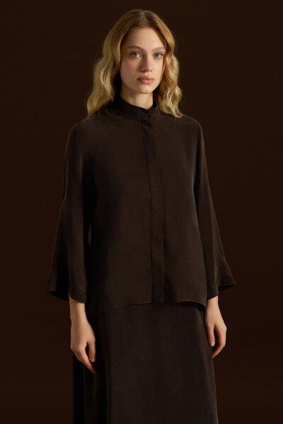 Hakim Yaka Nakışlı Cupro Tunik Kahverengi - MISS DALIDA