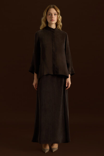 Hakim Yaka Nakışlı Cupro Tunik Kahverengi - 3