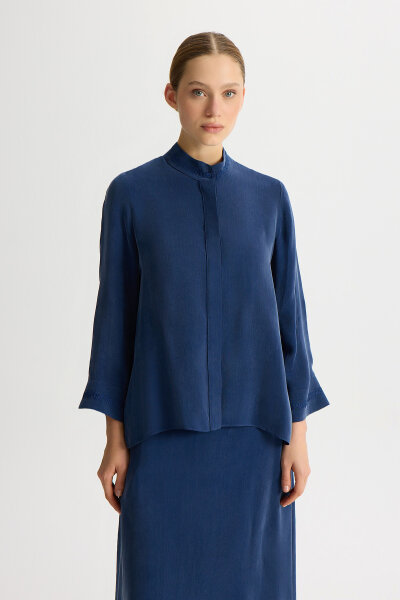 Hakim Yaka Nakışlı Cupro Tunik Navy 
