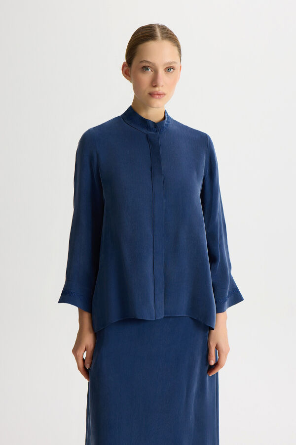 Embroidered Mandarin Collar Cupro Tunic - 1