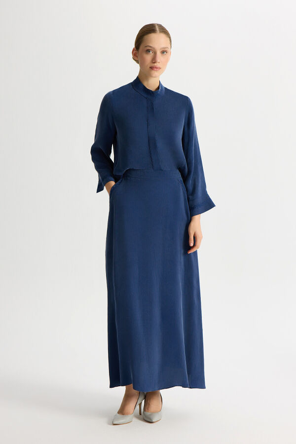 Hakim Yaka Nakışlı Cupro Tunik Navy - 3