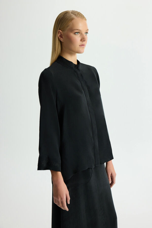 Embroidered Mandarin Collar Cupro Tunic - 1