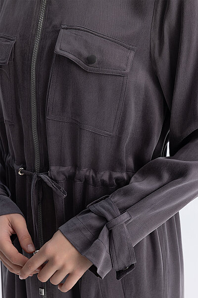 High Neck Gathered Waist Coat with Pockets Bullet - 3