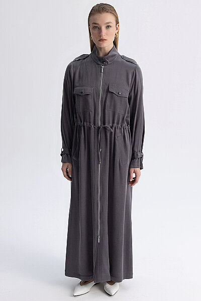 High Neck Gathered Waist Coat with Pockets Bullet - 4