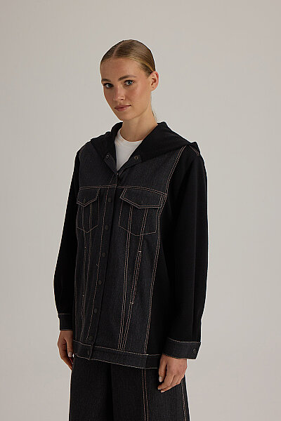  İki İp Detaylı Denim Ceket Siyah - 4