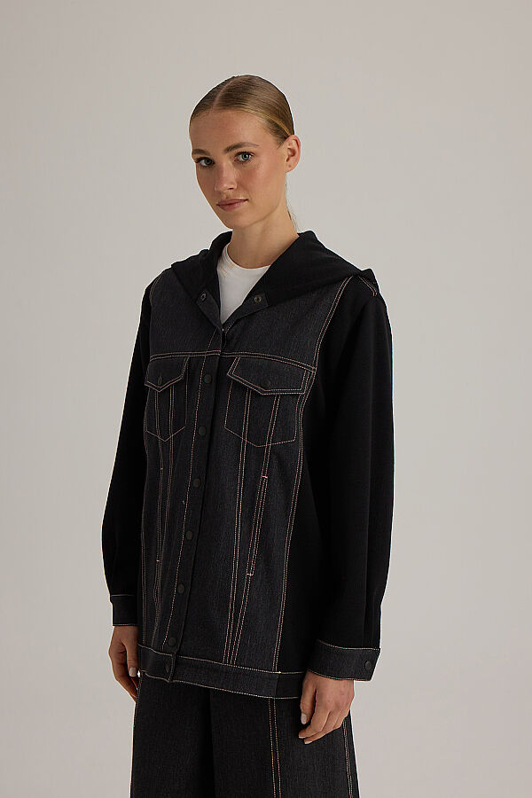  İki İp Detaylı Denim Ceket Siyah - 4
