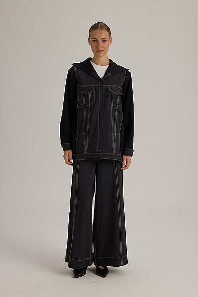  İki İp Detaylı Denim Ceket Siyah - 3