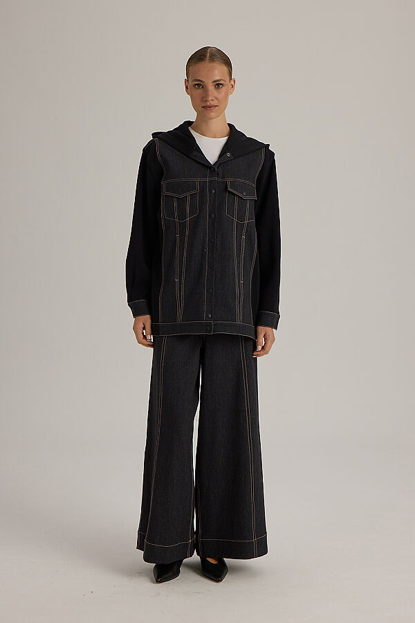  İki İp Detaylı Denim Ceket Siyah - 3