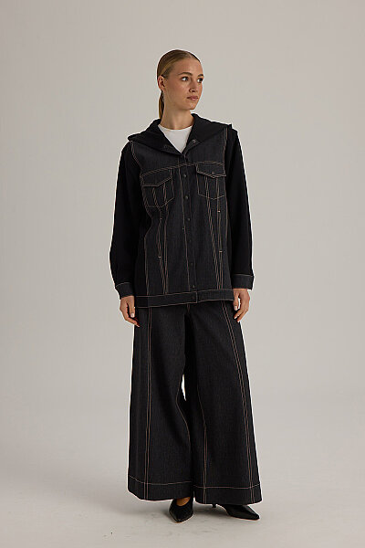  İki İp Detaylı Denim Ceket Siyah - 2