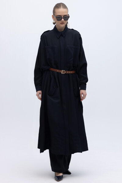 İpek Keten Cepli Uzun Panço Siyah - 1
