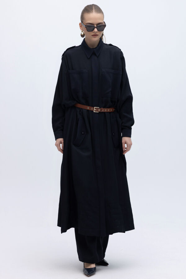 İpek Keten Cepli Uzun Panço Siyah - 1