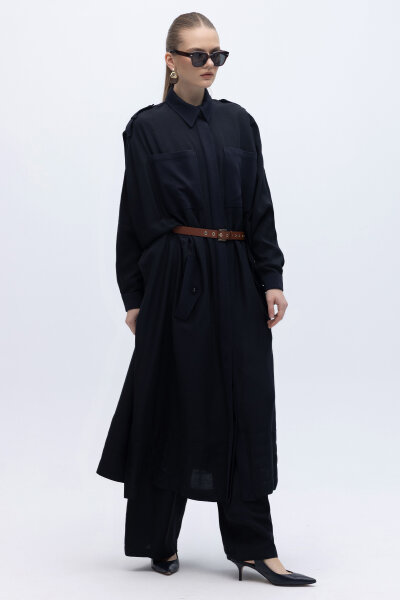 İpek Keten Cepli Uzun Panço Siyah - 2