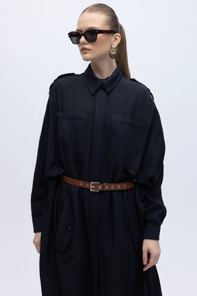 İpek Keten Cepli Uzun Panço Siyah - 3