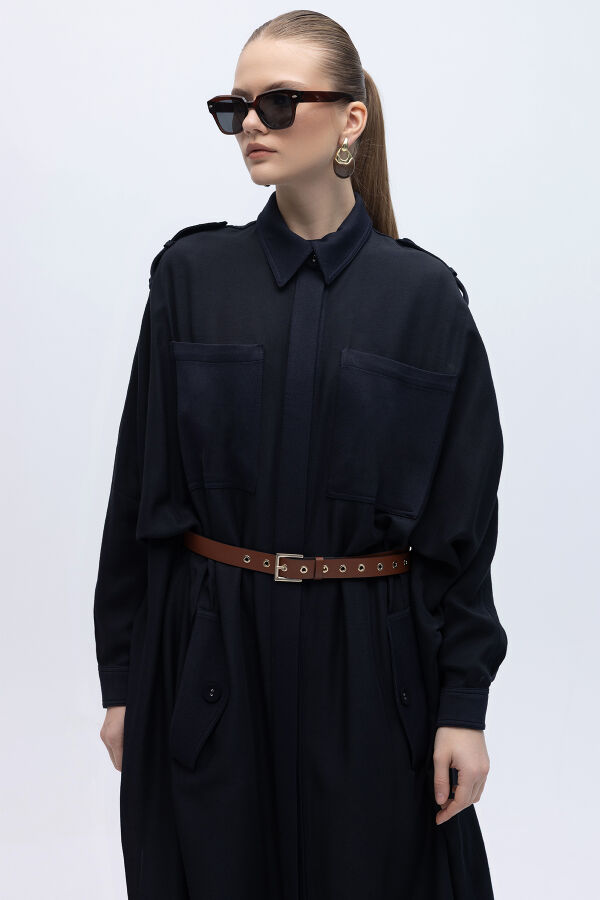 İpek Keten Cepli Uzun Panço Siyah - 3