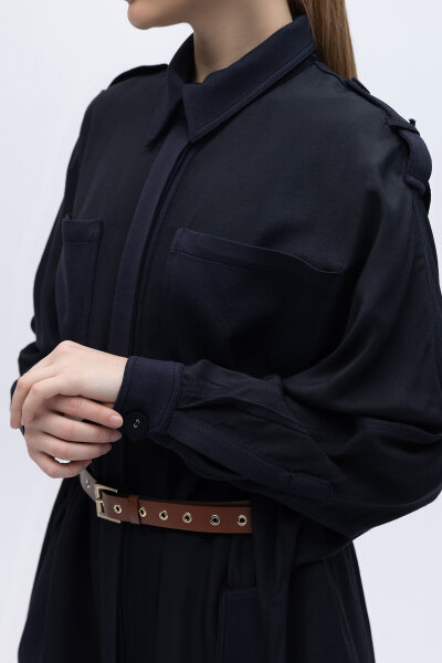 İpek Keten Cepli Uzun Panço Siyah - 4