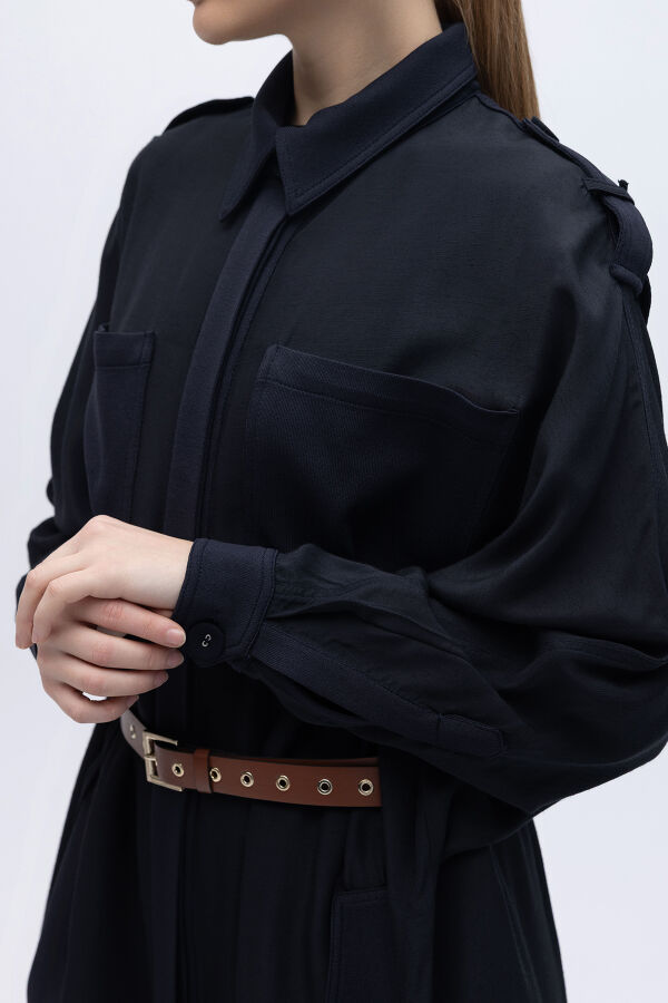 İpek Keten Cepli Uzun Panço Siyah - 4