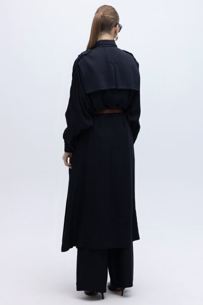 İpek Keten Cepli Uzun Panço Siyah - 5