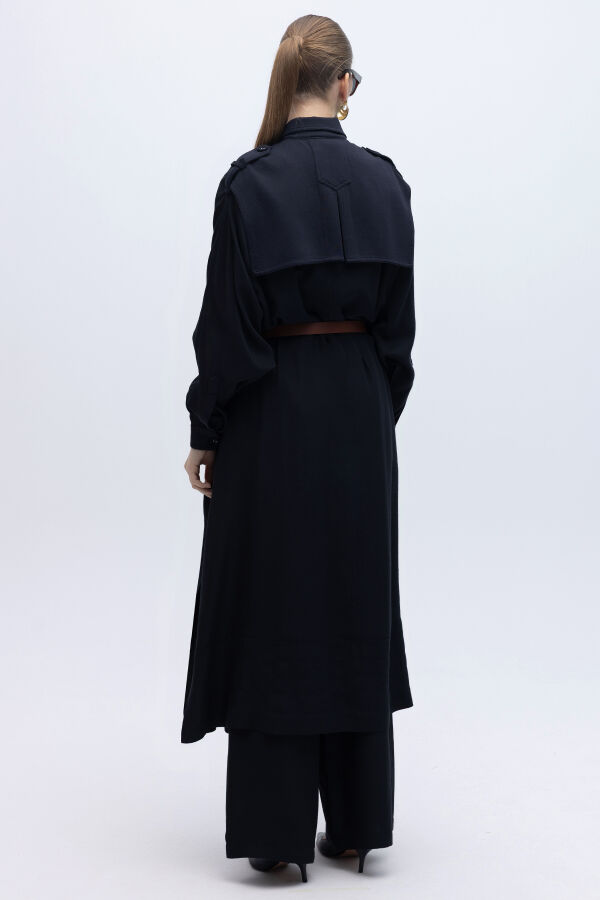 İpek Keten Cepli Uzun Panço Siyah - 5