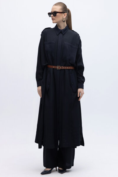 İpek Keten Cepli Uzun Panço Siyah - 6