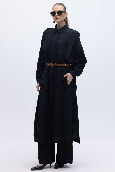 İpek Keten Cepli Uzun Panço Siyah - 7