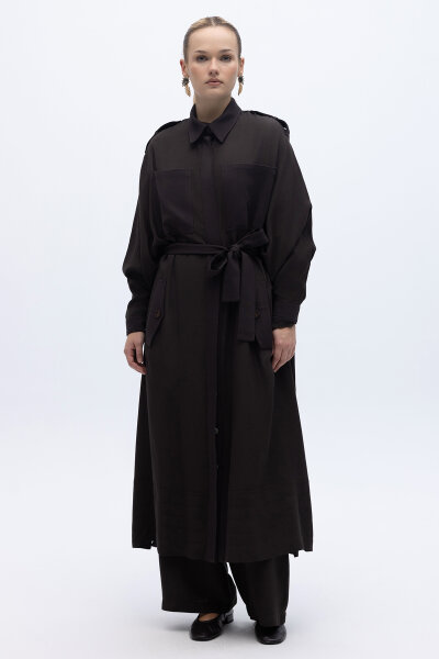 İpek Keten Cepli Uzun Panço Kahverengi 